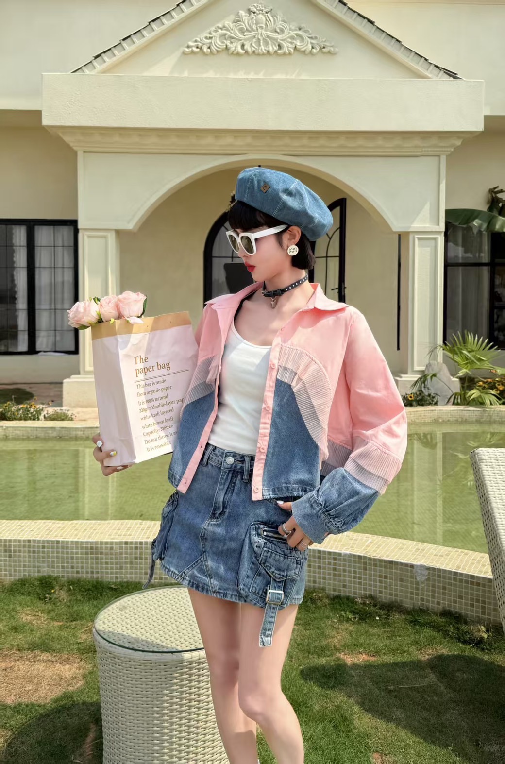 Pink and denim contrast shirt