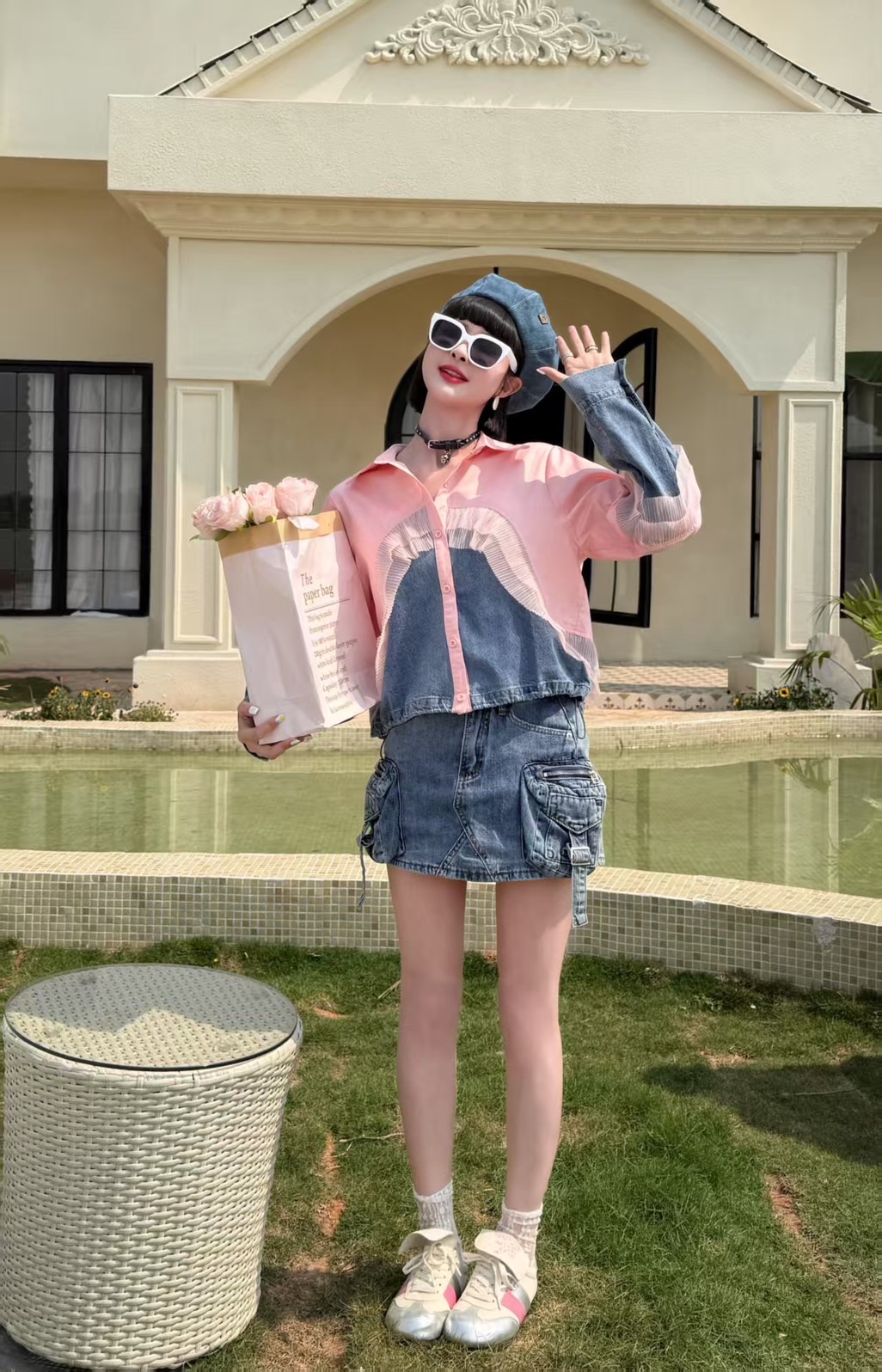 Pink and denim contrast shirt