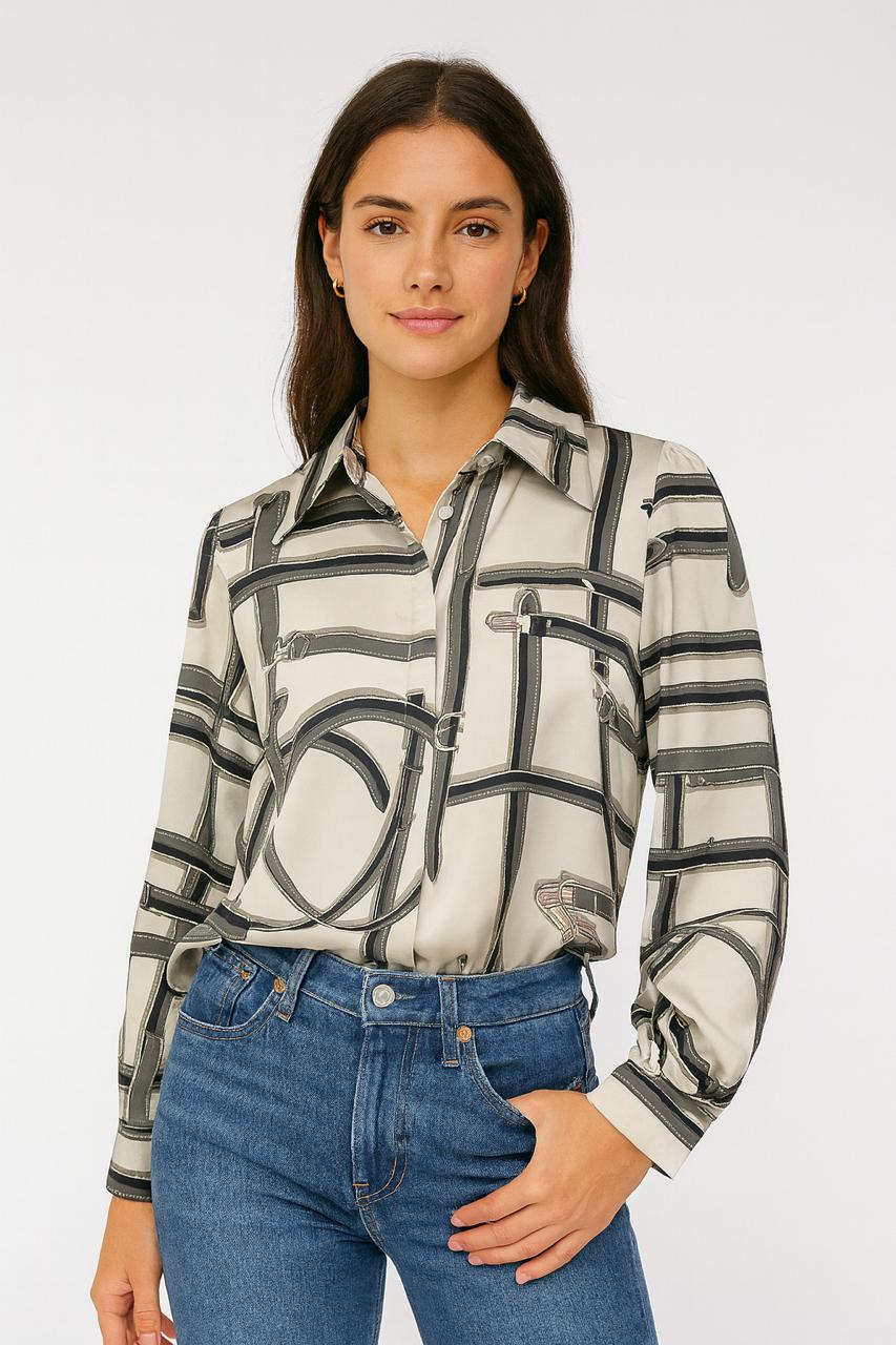 Belted Elegance Satin Shirt- Grey