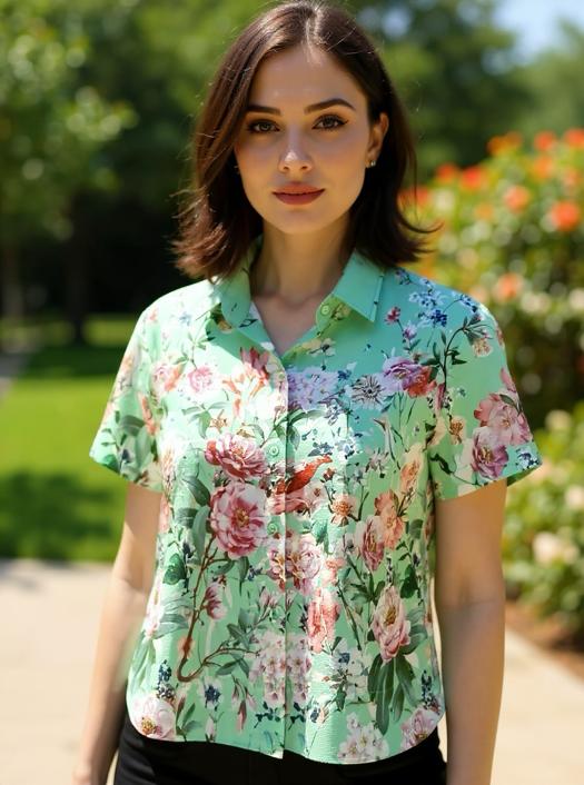 Peony Print Shirt- Mint