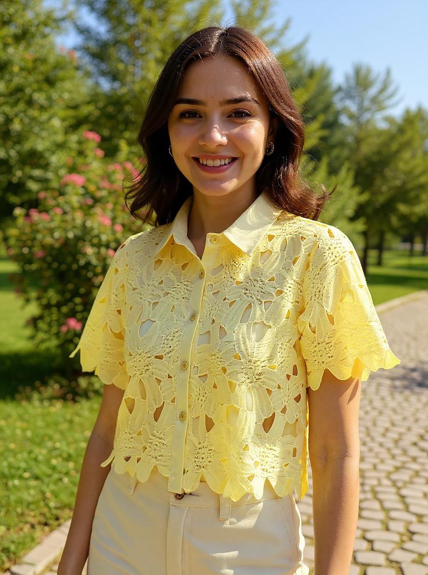 Sunshine Bloom Crochet Cropped Shirt
