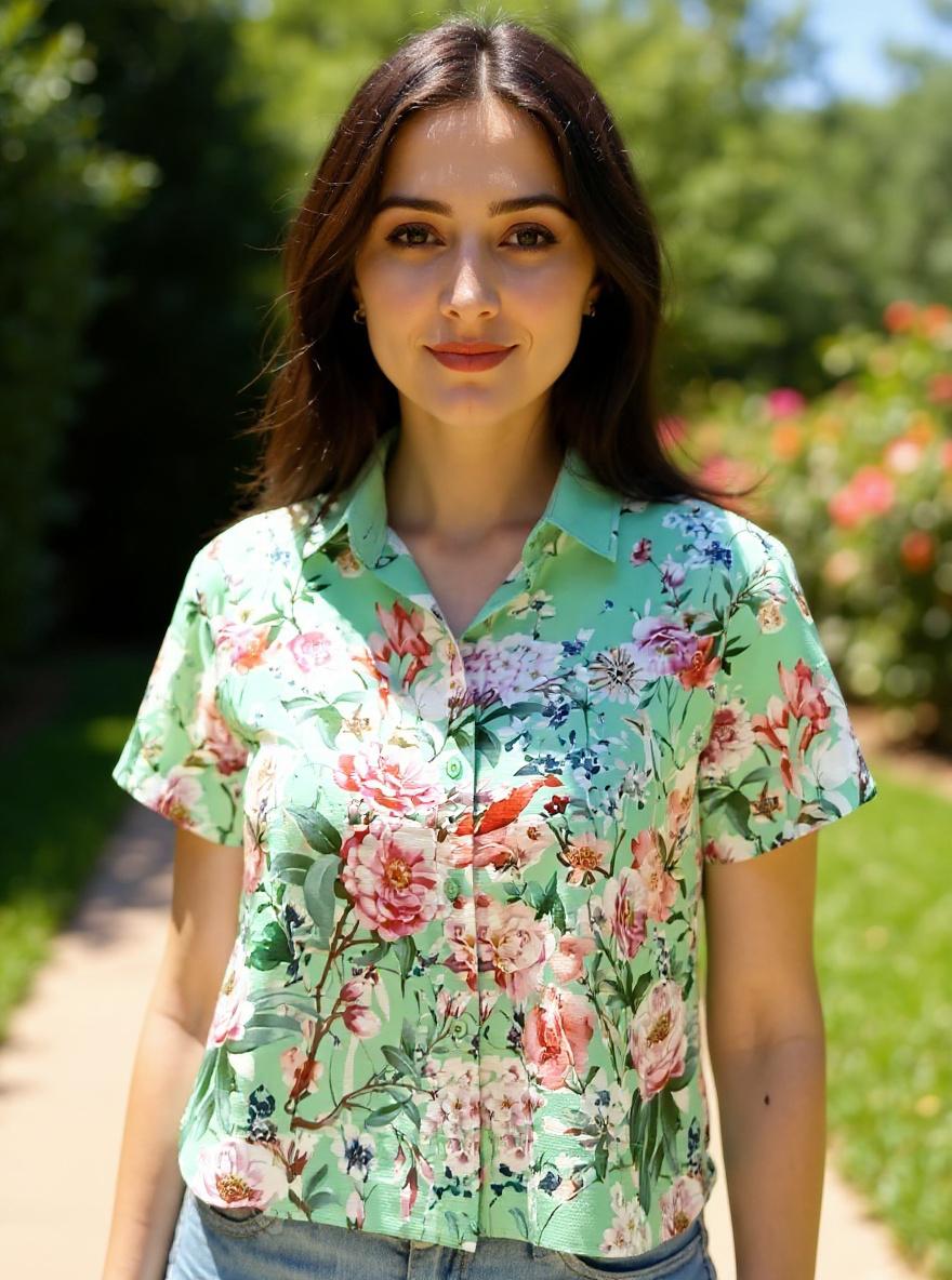 Peony Print Shirt- Mint