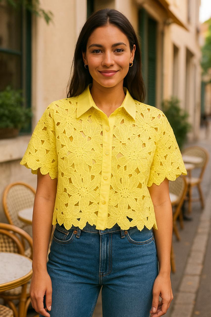 Sunshine Bloom Crochet Cropped Shirt