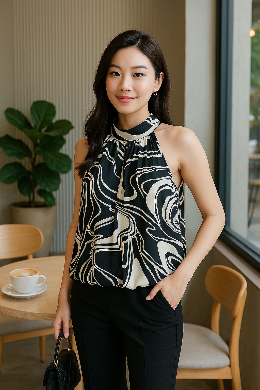 Monochrome Swirl Halter- Black