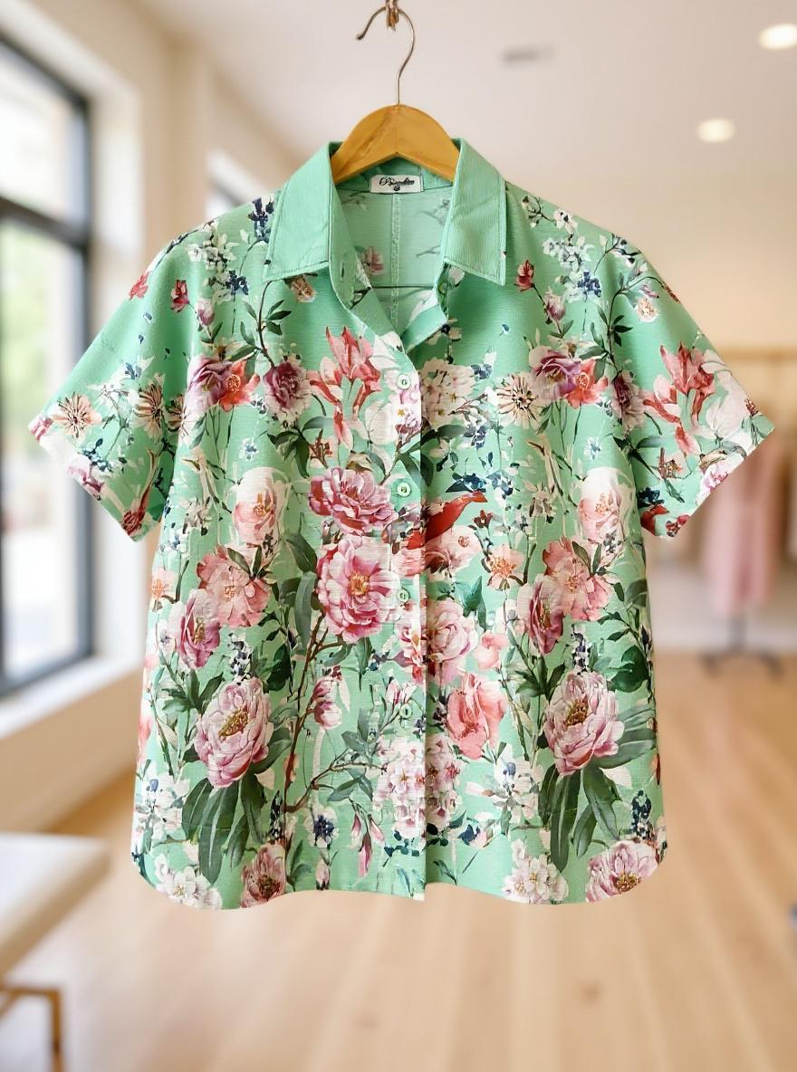 Peony Print Shirt- Mint