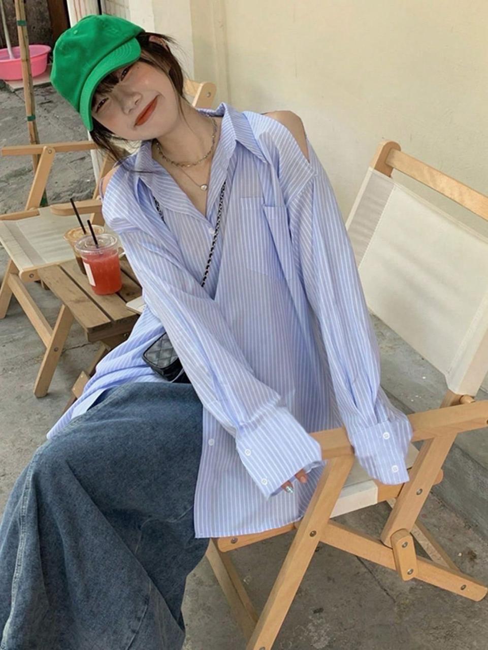 Breezy Stripes Cold-Shoulder Shirt
